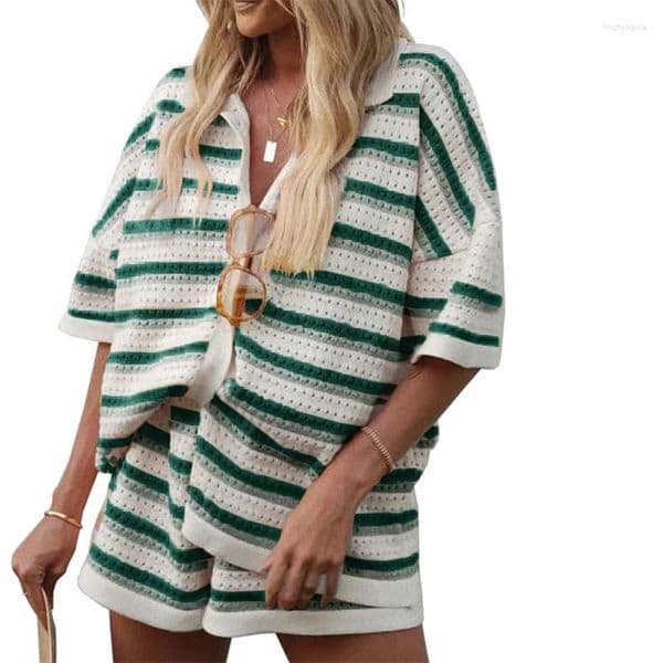 Women's Tracksuits Summer Vacation Outfits For Women 2Pcs Clothes Striped Button Down Short Sleeve Top And High Waist Shorts 2Piece Set