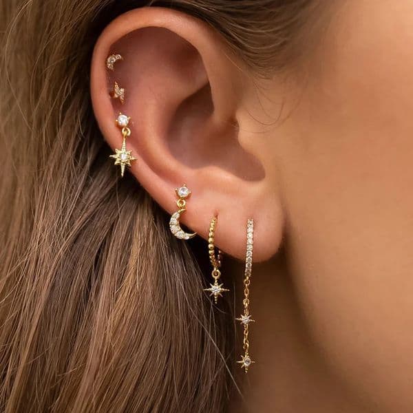 6PCS n Gold Color Hoop Earrings Set for Women Zircon Star Moon Chain Piercing Helix Tragus Jewelry 241114