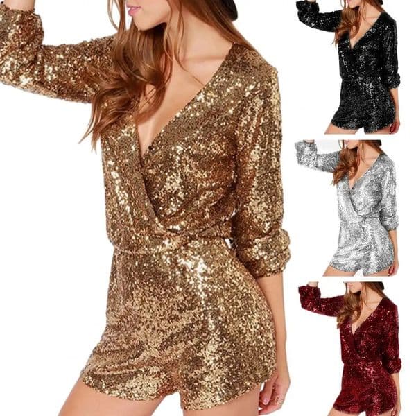 Women Romper Shiny Sequin Jumpsuit Sexy Paillette Spot Gold Silver Rompers Deep Vneck Shorts Female Dance Evening Party Overall 241116