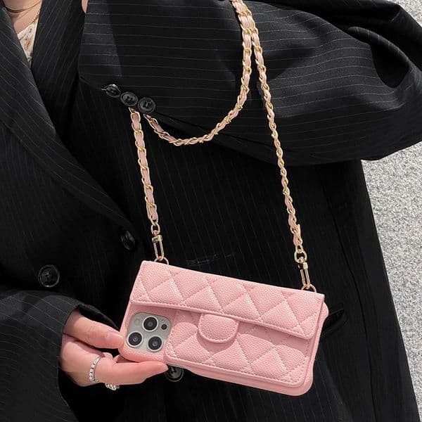 Crossbody Phone Case for Phone Pro Luxury Pebbled Litchi Leather Diamond Pattern Chains Wallet Card Shoulder Strap Back Cover Pink R251211