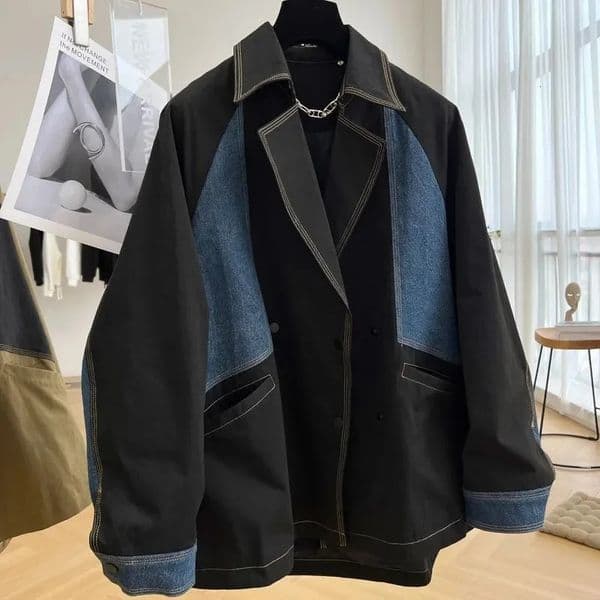Heavyweight Denim Patchwork Jacket Casual Work Attire Womens Spring Autumn Thin Mid Length Trench Coat n Sense Niche 241116