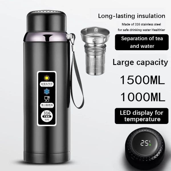 600-1500ml 316 Stainless Steel Thermos Bottle LED Temperature Display Vacuum Flask With Tea Separation Filter Leakage-proof Cup 241116
