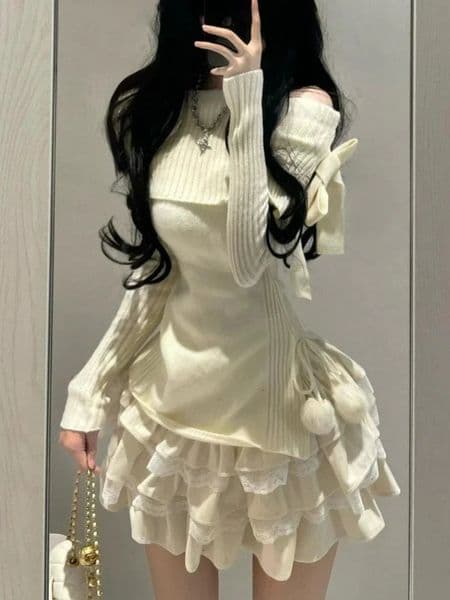 Winter Kawaii Sweet 2 Piece Set Woman Off Shoulder Bow Knitted Tops Mini Cake Skirt Female Korean Fashion Casual Suit 2024 240403