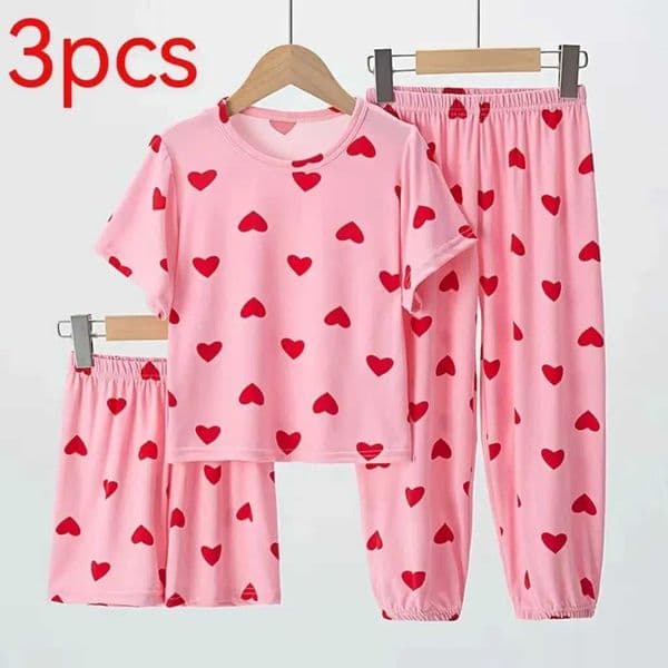 3PCS Girl Summer Love Short-sleeved Pants Shorts Three-piece Girl wara Comfortable Thin Air-conditioned Pajama SuitXJ241116