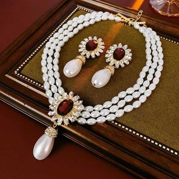 Flower Inlaid Rhinestone Drop Pearl Necklace Earring Set French Style Clavicle Chain Light Luxury Jewelry Sets for WomenXJ241116