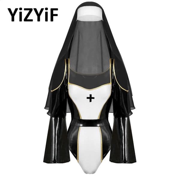 Sexy Nun Costume Women Patent Leather Bad Naughty Nun Roleplay Fancy Dress Outfit Religious Sister Bodysuit Lingerie Suit 241118