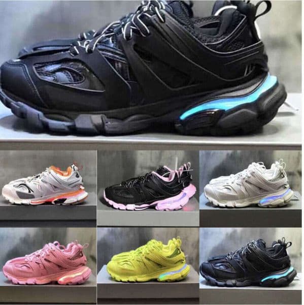 With box Womens Mens designer Casual Shoe Track LED Sneaker Light Grey Blue Gomma leather black pink Trainer Nylon Printed Platform for Men 3 8899ess
