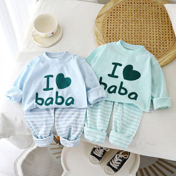 Spring Autumn Kids Baby Boys 2PCS Sleepwears Srt Cotton Letter Solid Loose Soft Tops Striped Pants Suit Children Pajamas 241118