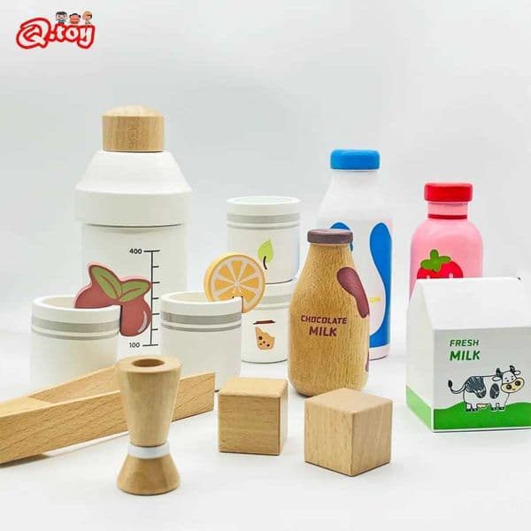 Children pretend to play wooden milk drink sets kitchen food toys Montessori learning and education childrens simulation games W241119