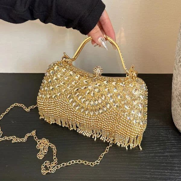 Gold Evening Clutch Bag For Women Diamond Party Purse Handbag Fashion Tassel Shoulder Crossbody Box Lipstick Bag