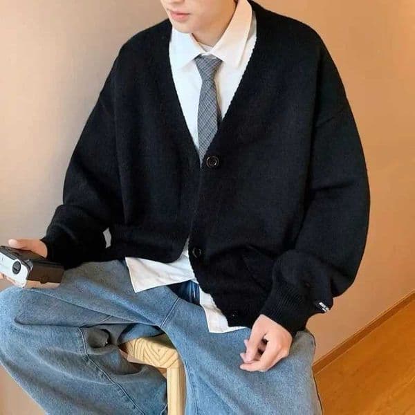 Plain Man Clothes Solid Color Knitted Sweaters for Men Cardigan with Pockets V Neck Knitwears Loose Fit Baggy New in Ugly X S AXJ241119