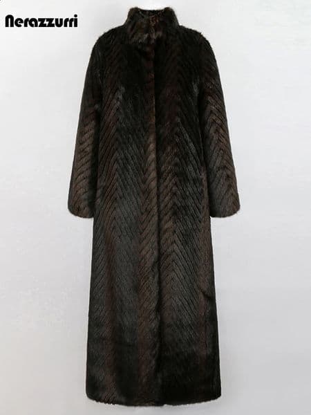 Nerazzurri Winter Extra Long Thick Warm y Elegant Striped Fluffy Faux Mink Fur Coat Women Stand Collar Maxi Overcoat 241120