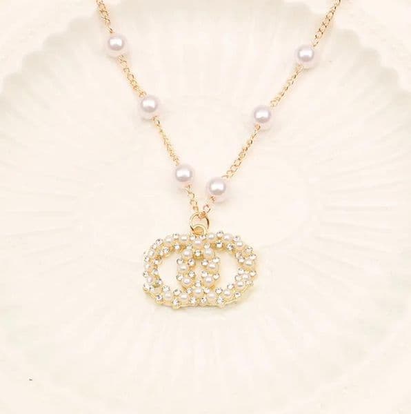 Fashion Women Luxury Brand Designer Double Letter Pendant Necklaces Simple 18K Gold Plated Crysatl Pearl Rhinestone Sweater Newklace Wedding Party Jewerlry