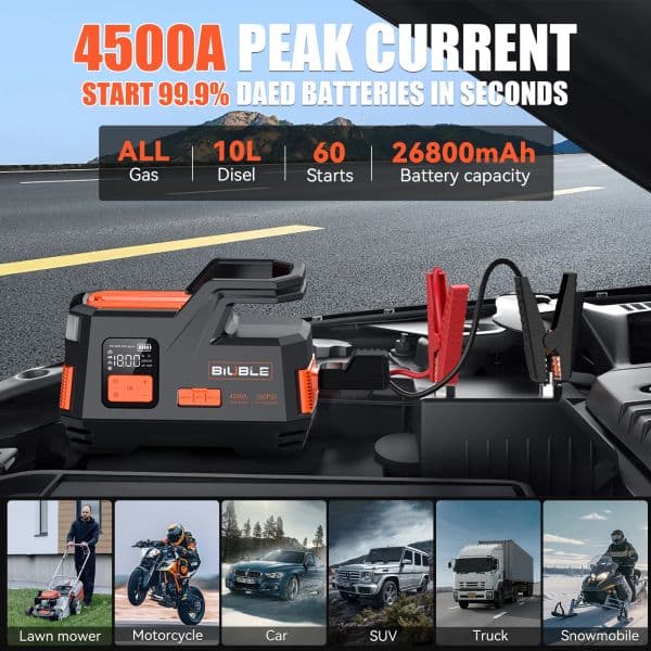 4500A Jump Starter Power Bank 12V Portable Car Battery Booster Charger Air Pump Tyre Iator Compressor Starting Device