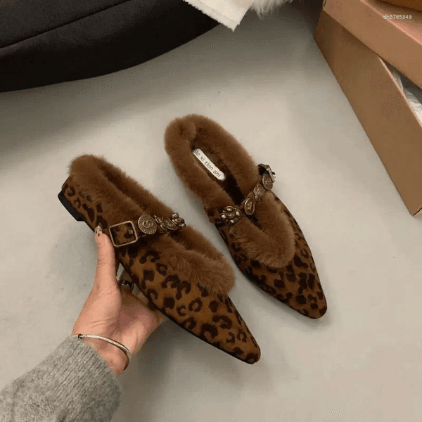 Casual Shoes Flats Leopard Fur For Women Pointed Toe Loafers Winter 2025 Elegant Dress Cotton Party Fashion Mujer Zapatos