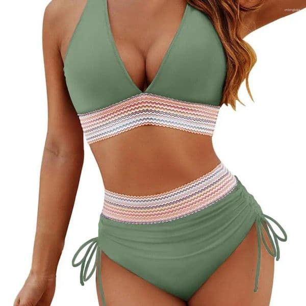 Women's Swimwear Women Sexy Bikini Set Deep V-Neck Bra High Waist Drawstring Swim Trunks Solid Bikinis Swimsuit