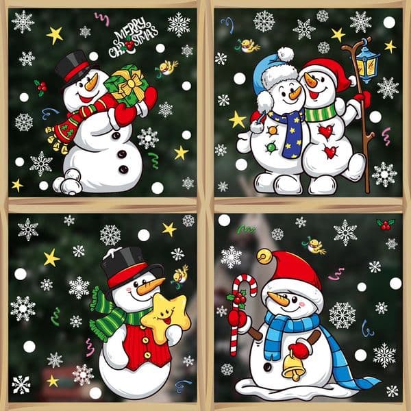 Christmas Window Stickers Snowman Wall Decals 3D Vinyl Clings Removable Holiday Party Home Decor