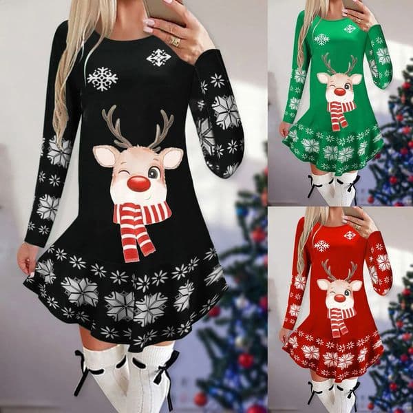 Merry Christmas Party Dress For Women Snowflake Cartoon Print Long Sleeve Dresses Autumn Winter Elegant Vestitos 2024 241107Z