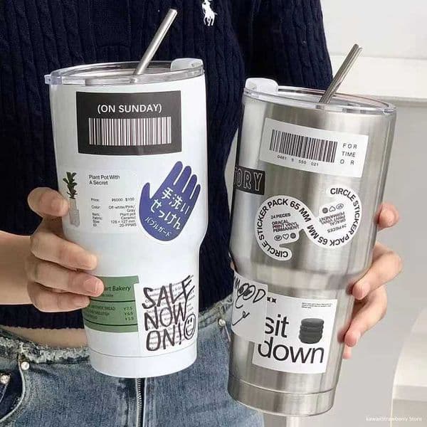 Stainless steel hot cup for coffee carts hot vacuum thin film water bottle with straw to keep warm and cold 900ml M241121