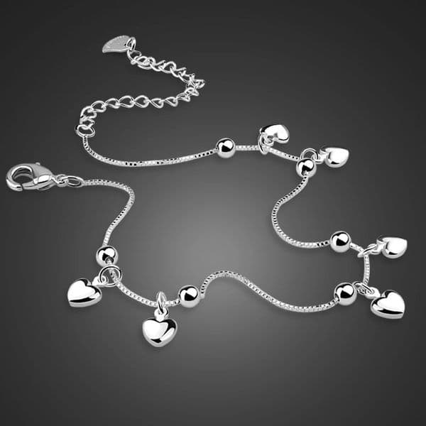 100% 925 sterling silver heart-shaped anklet pendant bead anklet summer beach anklet bracelet 241122