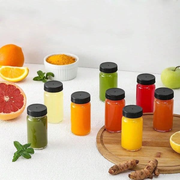 6pcs 2oz Glass S Bottles Mini Clear Jar With Black Lid For GingerWellness SJuiceSample Container Portable Storage 241121