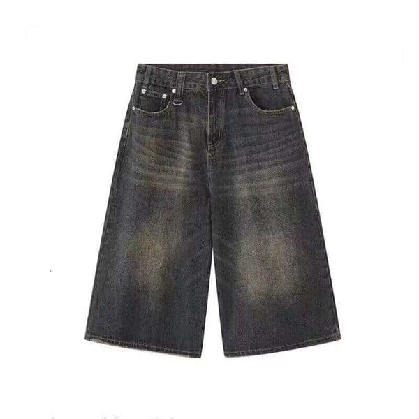 Retro Y2k Baggy Women Men Black Jeans Low Waist Casual Wide Pants Frayed Denim Shorts Big Size Clothes