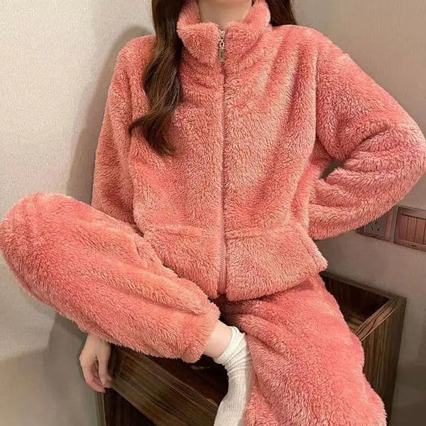 Winter Womens Simple Solid Fleece Thick Lounge Sleepwear Set Long Sleeve Zipper High Neck Tops With Pockets And Pants Pijamas 241120