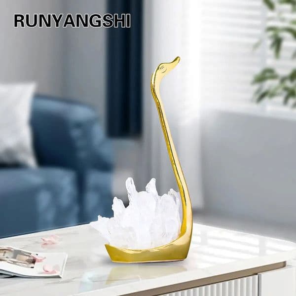 1PC Natural Healing Gemstone Clear Quartz Single Point Swan DIY With Gold Metal Base Home Desktop Decoration 241121