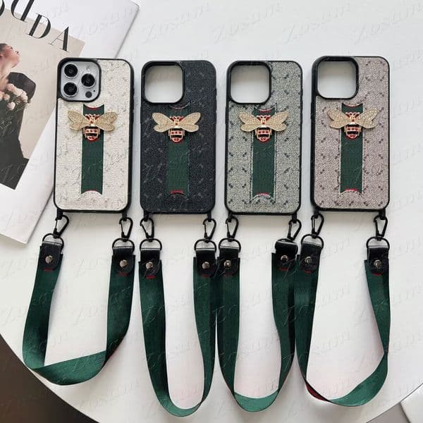 Designer Bee Letter Cell Phone Case for iPhone 17 Air 16 Pro Max 15 14 Plus 13 12 Retro Shockproof Coque Hand Bag Style Anti-skid Strap 14pro Cover Luxury Girl Lady Gift