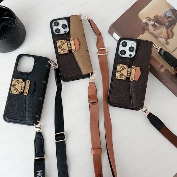 Luxury Designer Envelope Card Pocket Phone Case for iPhone 16 15 14 Plus 13 Pro Max 12 11 Leather Protection Back Shell Shoulder Strap Cover Samsung S25 S24 S23 S22 Ultra