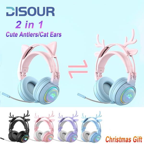 2-in-1 Cute Ant/Cat Ear Wireless Bluetooth Earphones Game Player 3.5mm Earphones Game Earphones Childrens and Girls Christmas Gifts 241125