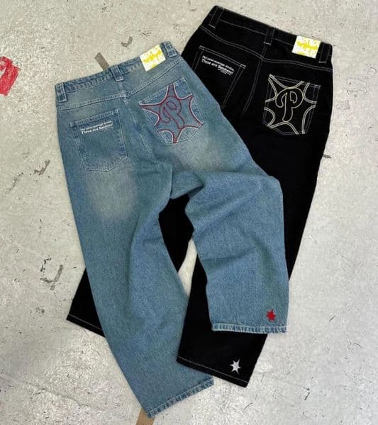 Y2k mens retro Harajuku clothing pocket casual wide leg jeans hip-hop printed jeans trend fashionable black high waisted jeans 241125