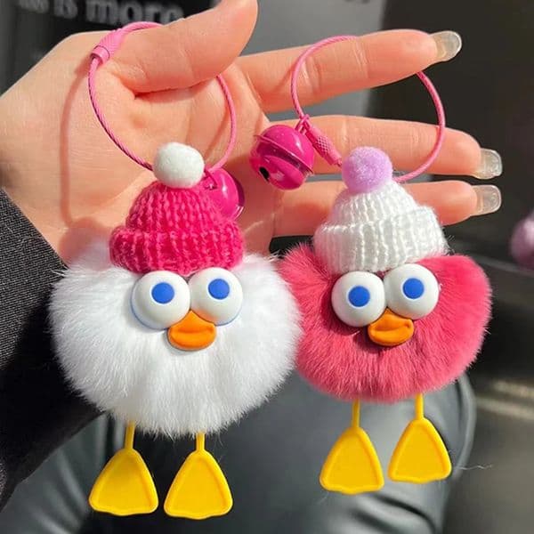 Fluffy Rabbit Fur Ball Cartoon Keychain with Bell Spirit Cute Pom Ducky Plush Doll Bag Pendant Backpack Ornamrnts Key Rings 240416