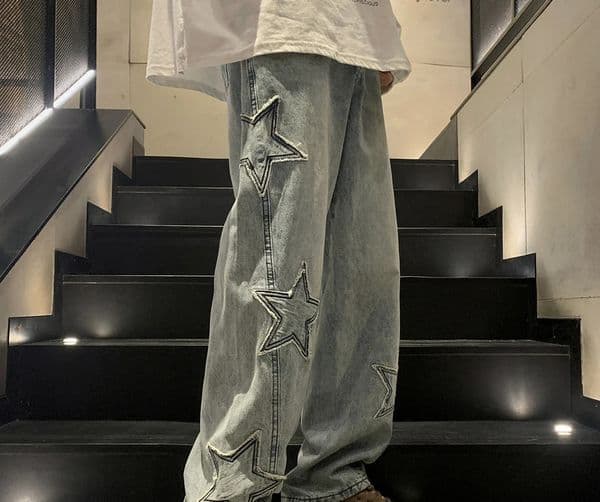 fashion five point star jeans mens high waisted retro street clothing mens pants pockets winter wide leg jeans denim mens clothing 241126