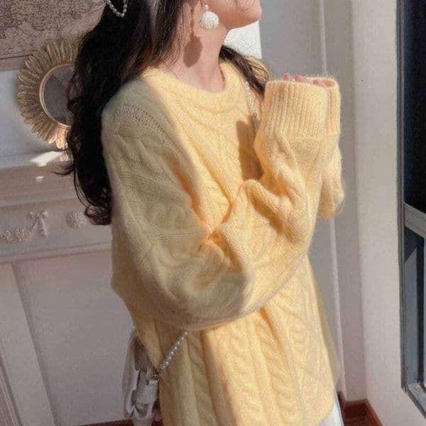 Autumn new gentle spring winter soft waxy knitting milk blue round neck Fried Dough Twists loose lazy style pullover sweater