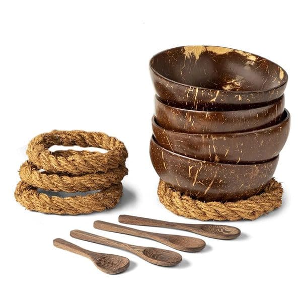 Coconut Bowl with Spoon and Stand - Set of 4 Coconut Shell BowlsWooden Spoon and Non Bubble Salad Rack 241126