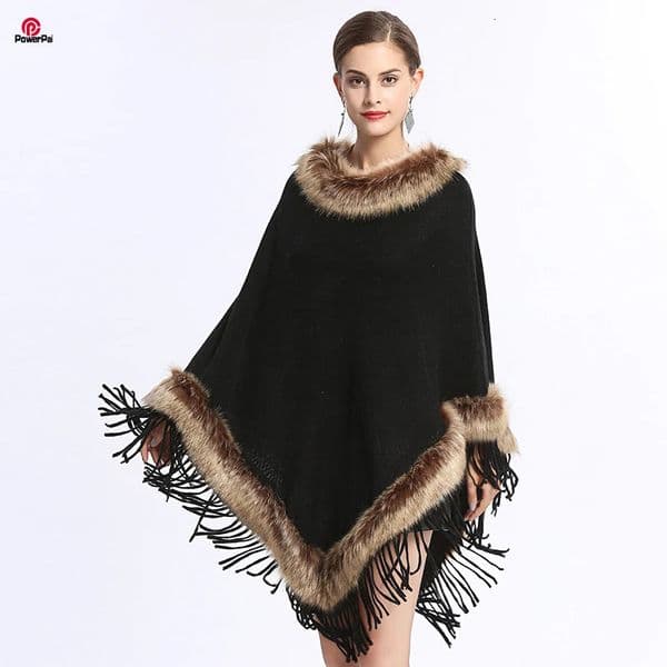 Fashion Full Trim Faux Raccoon Fur Pullover Cape Loose Thin Knit Poncho Cloak Coat Women Spring Autumn Shawl Wraps 241126