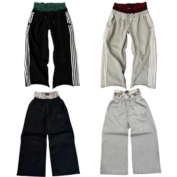 Y2K Casual Sweatpants Double Waist Checkered Camouflage Striped Side Splicing Wide Leg Pants American Style Trendy Streetwear 241126