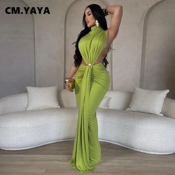CMYAYA Women Oneck High Split Ruched Stacked Bodycon Midi Maxi Dress Evening Party Club Vestidos Sexy Chic Long Dresses 241126