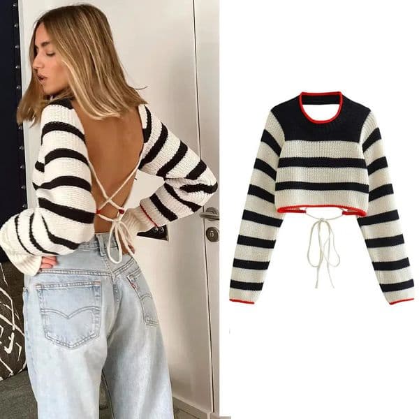TRAF Womens Cropped Sweaters Knit Striped Sweater Pullovers Autumn Winter Crop Backless Long sleeve Top Knitwears 241126