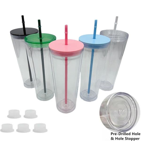 24oz Snow Globe Plastic Cups Double Wall Insulated SnowGlobe Acrylic Tumbler Transparent Large Drinking Sippy Cup Mug With Pre-Drilled Hole & Silicone Stopper