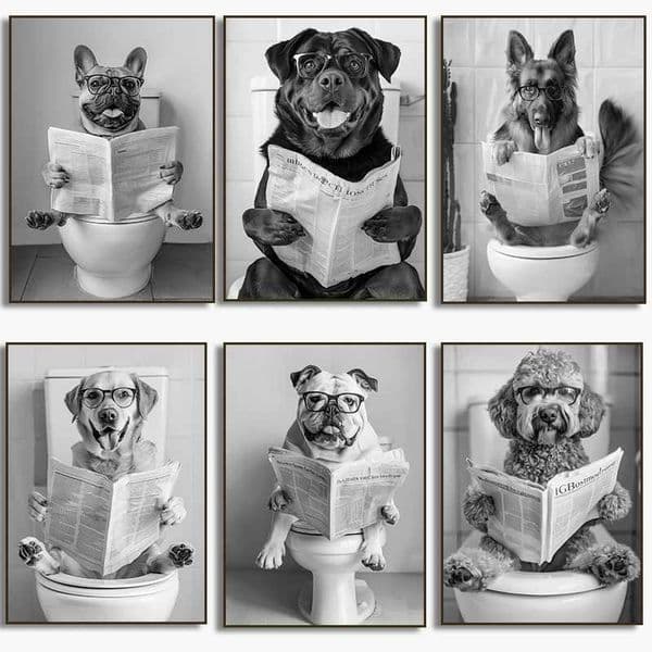 French Bulldog Sits in the Toilet Shanghai Daily corgi Dog in the Bathtub Canvas Wall Art Black and White Printing Bathroom Wall Decoration W241128
