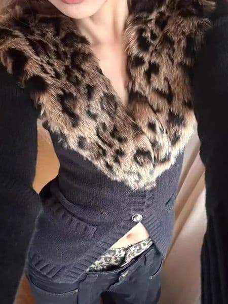 Street Style Leopard Print Sexy Knitted Cardigan Womens 2024 Autumn American Vintage Y2K Sweater Harajuku Casual Tops 241127