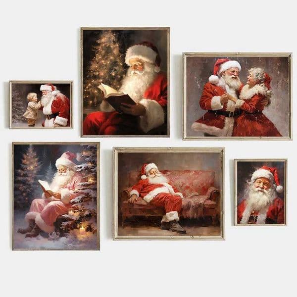Vintage Santa Claus in Swinging Posters Reindeer Printing Canvas Printing Christmas Holiday Wall Art Pictures Home Decoration Gifts W241128