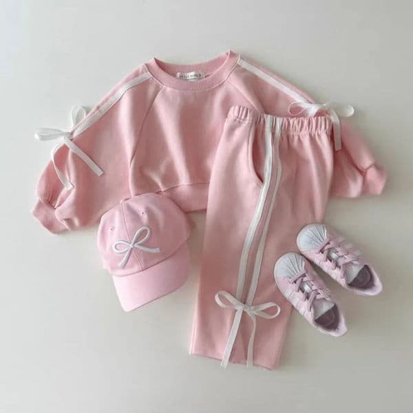 Ins Style Kids Girls Clothing Sets Bow Long Sleeve Pullover Short Loose HoodiesElastic Waist Straight Pants 2pcs Children Suits 240426