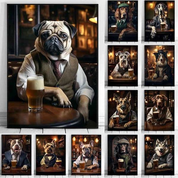 Cute dog in the bar Poster printing Canvas painting Puppy German Shepherd Dog corgi Shepherd Dog Animal Beer Wall Art Room Home Decoration Cuadros W241128