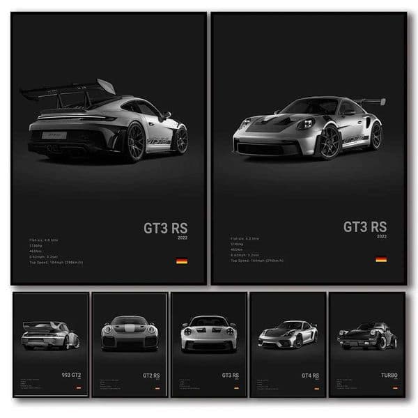 Black and white German luxury supercar poster aesthetics 911 GT3 RS Turbo canvas printing wall art garage room decoration W241128