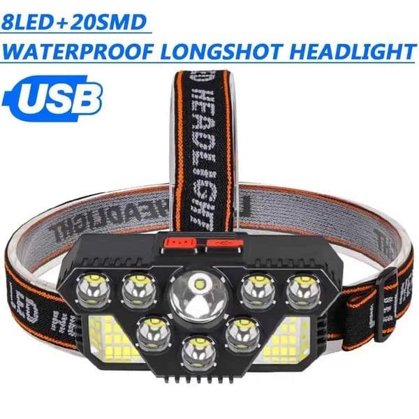 Super Bright 8*LED+20*SMD Head Flashlight USB Rechargeable Head Lamp Outdoor Waterproof Camping Fishing Adventure Head Lantern Z241129