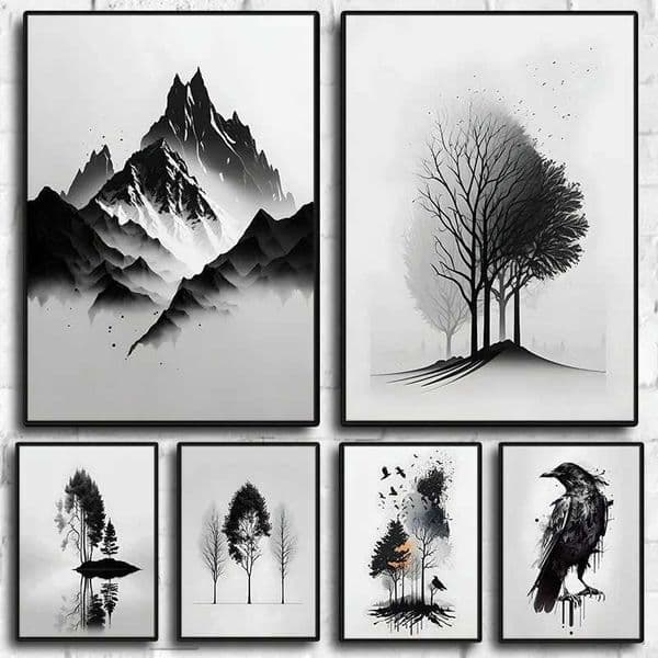 Minimst Black and White Mountain Tree Crow Landscape Poster Printing Canvas Painting Abstract Wall Art Living Room Home Decoration W241128