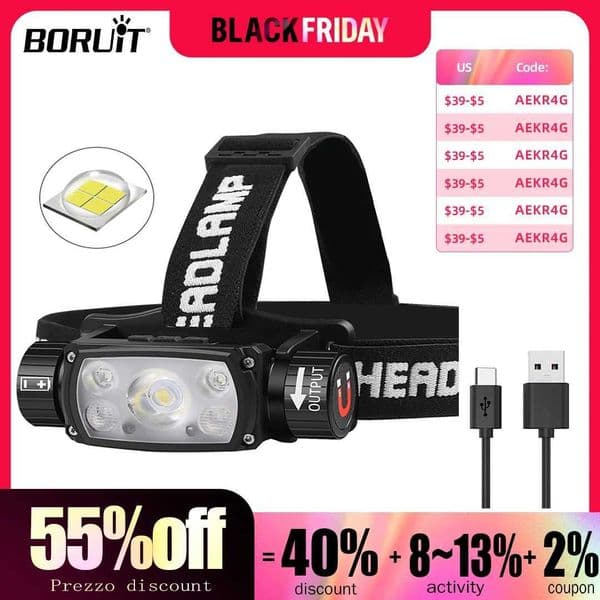 BORUiT Super Bright LED Sensor Headlamp 18650/21700 Battery Type-C Rechargeable Headlight Fishing Work Torch Camping Lantern Z241129